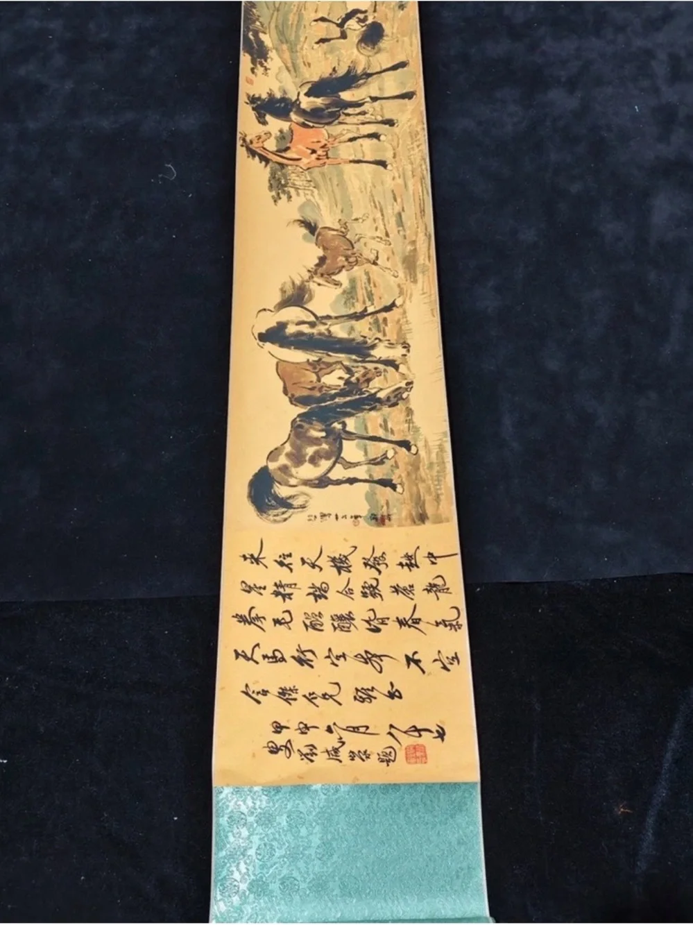 Traditional Horse Scroll Wall Art in Tan and Blue-Green by